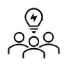 three people with a lightbulb with a charging symbol in it over their heads